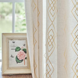 ugoutry Linen Boho Curtains for Bedroom,96 Inches Long Curtains Gold Foil Metallic Stripe Print Panels for Living Room, Moroccan Beige Light Filtering Window Treatment Curtain 2 Panels Grommet Top