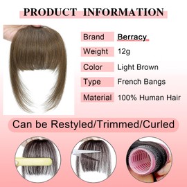 Berracy Bangs Hair Clip in Bangs 100% Real Human Hair Extensions Fake French Bangs Fringe with Temples Curtain Flat Neat Front Thick Hairpieces for Women Kids Daily Wear Light Brown