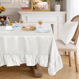 Ersmak White Satin Ruffle Edge Tablecloth - 60 x 120 Inch Rectangle Satin Table Cover Bright Silk Table Cloth for Weddings, Banquets, or Home Dining