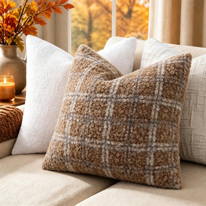 Faux Fur Plaid Throw Pillow Covers 18X18 Set of 2