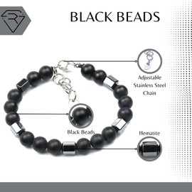 Raffici Unisex Black Beaded Bracelet, 8mm Matte Stone with Hematite Accents, 18cm + 4cm Adjustable Chain