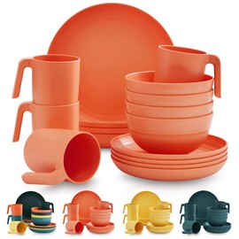Kyraton Plastic Dinnerware Set of 16 Pieces, Unbreakable And Reusable Light Weight Plates Mugs Bowls Dishes Easy to Carry And Clean Microwave Safe BPA Free Dishwasher Safe Service For 4 (Orange)