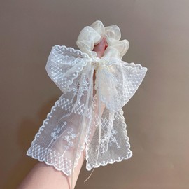 YYKITCHEN White Lace Ribbon Bow Hair Scrunchies,Coquette Bow Elastic Ties Large for Women Girls Bridal Shower Beach Wedding Party Dress Decor Accessories Gift