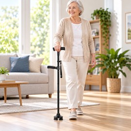 Folding Walking Cane for Seniors – Adjustable Aluminum Mobility Stick with LED Light & Alarm for Daily Support