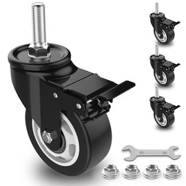 COOWOO 3" Stem Caster Wheels with Safety Dual Locking, 1/2" -13 x 1-1/2" Heavy Duty Threaded Stem Casters, No Noise Swivel Castors with Brakes, 250 Lbs Load Capacity Per Caster(Set of 4)