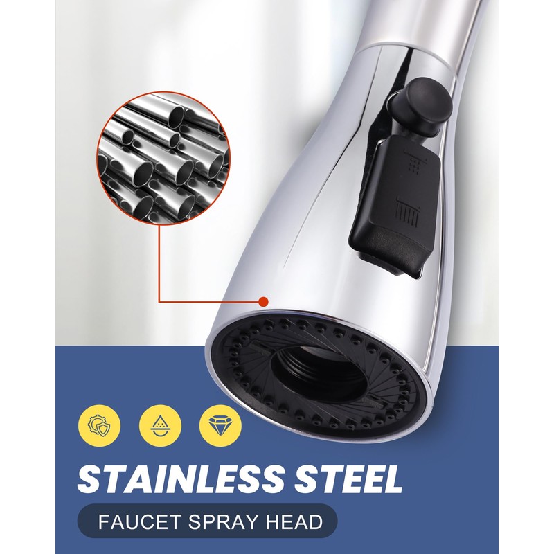Metal Kitchen Faucet Head Replacement: 3-Function Pull Down Spray Nozzle