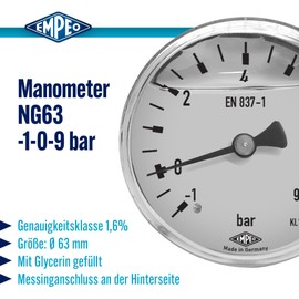 'Pressure Gauge NG63 – 1-0 9bar, G1/4 Back, Vacuum – Glycerine Filled