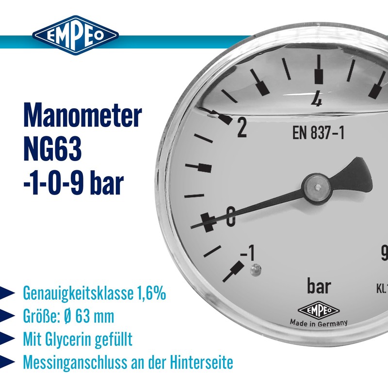 'Pressure Gauge NG63 – 1-0 9bar, G1/4 Back, Vacuum –