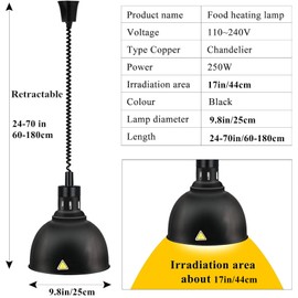JIAWANSHUN Retractable Heat Lamp for Food with 250W Heating Bulb for Restaurant Hanging Food Warmer Lamp Buffet or Home Use Pizza Warmer