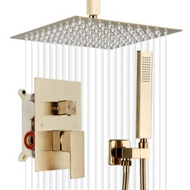 Shower Faucet Set Rain Shower System with 10 Inches Rain Shower Head and Handheld Spray, Bathroom Shower Fixtures Brushed Gold Shower Kit with Brass Valve,Ceiling Mounted