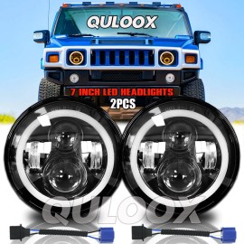 QULOOX For 2003-2009 Hummer H2 Pair 7" inch Round LED Headlights High Low Beam DRL Lamp