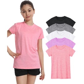 Orrstarry 5 Pack Girls Athletic Shirts Solid Color Summer Quick Dry Short Sleeve Sports T-Shirts Activewear Trip Running Soccer Tennis Workout Tee Tops for Kid Teens Black/Gray/White/L-Purple/Pink L