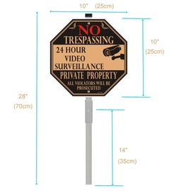 Amexiu No Trespassing Sign Private Property with 28" Alloy Long Stake - 10 x 10 Inches 24 Hour Video Surveillance Signs, Rust-Free& Fade Resistant (2 Pack)