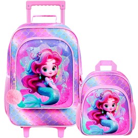 2Pcs Kids Suitcase Set, Girls Carry on Rolling Luggage with Wheels, Mermaid Travel Suitcases with Toddler Backpack(Pink)