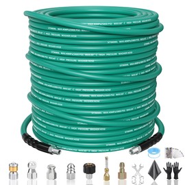 SITIMIMIL 200FT Sewer Jetter Kit for Pressure Washer,1/4‘’NPT Drain Cleaner Hose 5800PSI, with Adapter Corner Rotating Button Nose Sewer Jetting Nozzles Kit Pearl Corsage Pin Spanner Waterproof Tape…