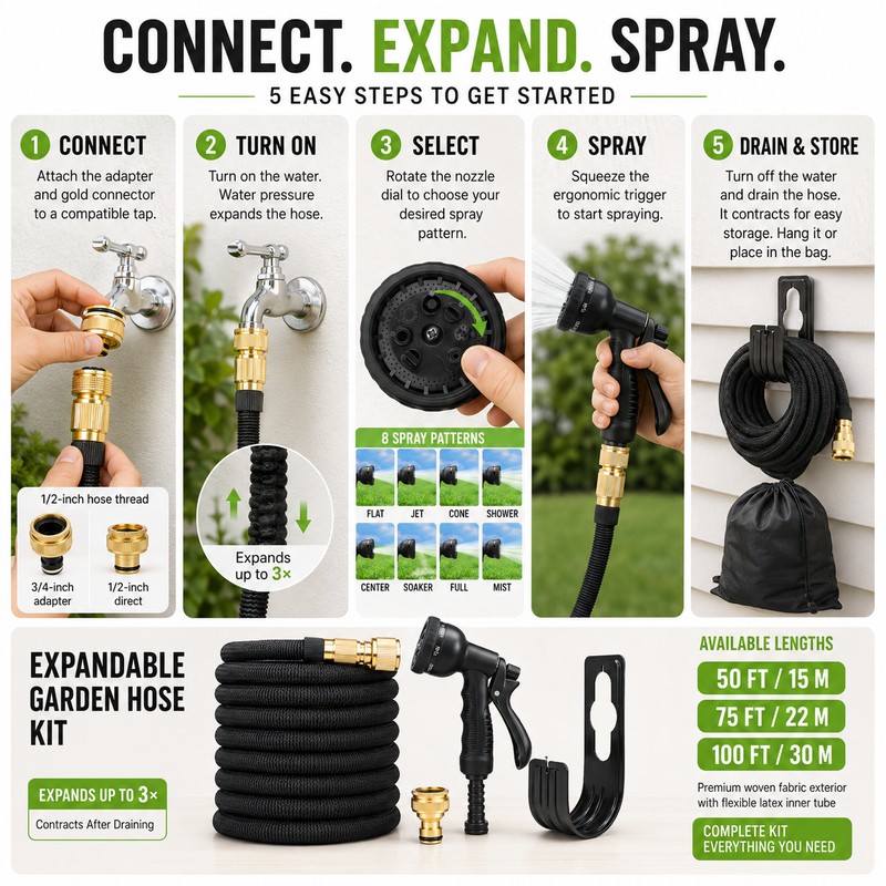 Expandable Garden Hose Kit with 8-Pattern Spray Gun, Metal Connectors,