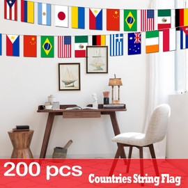 Premium Quality 200 Countries String Flag, Washable, 200Pcs 58M, does' t fade, International Flags, World Flag Banner Decorations for School, Garden, Sports Game Events, Grand Opening, Classroom, Party, 14 × 21cm