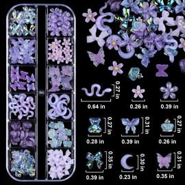 Kikonoke 2 Boxes 3D Flower Nail Charms Butterfly Bow Snake Rabbit Bear Shaped Nail Art Rhinestones Gems for DIY Nail Art Decoration Making Craft (Purple)