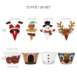 Cabilock 36 Sets Christmas Cupcake Toppers and Wrappers, Double Sided Cupcake Decorative Picks, Christmas Party Supplies Include Santa Claus, Gingerbread Man, Snowman, Reindeer