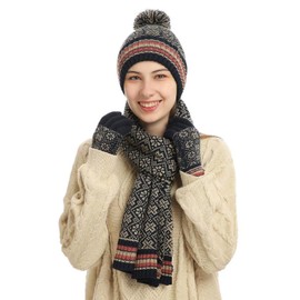Hilmocho Women Hat Scarf and Touchscreen Gloves Set Winter Warm Knitted Beanie Hat Fleece Lined Neck Warmer Gloves 3 in 1 Cold Weather Set