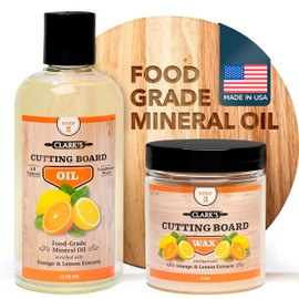 CLARK'S Food Grade Mineral Oil (12oz) and Carnauba Wax (6oz) Set - 100% Natural Butcher Block Oil and Cutting Board Wax - Food Safe Beeswax and Wood Cutting Board Oil with Orange & Lemon Extract