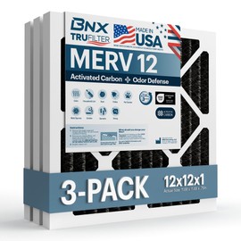 BNX TruFilter 12x12x1 MERV 12 Odor Defense (3-Pack) AC Furnace Air Filter with Activated Carbon - MADE IN USA - Pleated Air Conditioner HVAC AC Furnace Filters - Removes Odor, Mold, Bacteria, Smoke