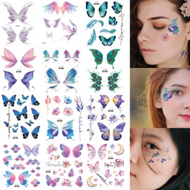 14 Sheets Glitter Butterfly Tattoos Temporary for Women Self-adhesive Butterfly Makeup Fake Tattoos Waterproof Temporary Tattoos Stickers for Girls Kids Party Favors Festival Supplies