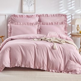 Lekesky Bed Linen 135 x 200 cm Pink Ruffle Bed Linen 135 x 200 cm 2-Piece Girls' Microfibre Bed Linen Flowers with Zip and Pillowcases 80 x 80 cm