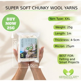 MeriWoolArt® Felting Wool, Natural Colour, 25 g, 100% XXL Merino Wool Yarn, 4-5 cm Thick Wool, Yarn for Dry Felting and Wet Felting