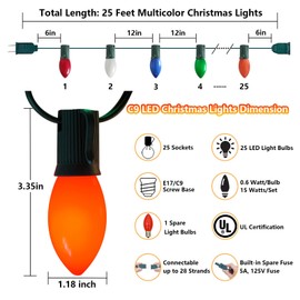 25Ft Christmas Lights Outdoor, C9 LED Christmas Lights with 25 Shatterproof Colored Light Bulbs, Vintage Multicolor Christmas Lights Plug in for Patio Roofline Porch Balcony Party Christmas Tree Decor
