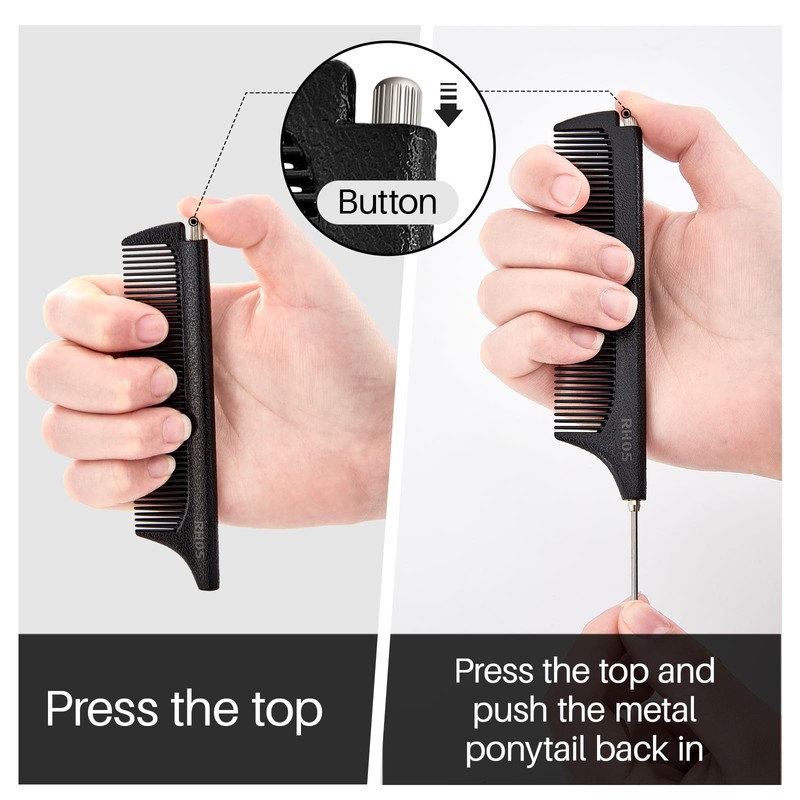 RHOS Carbon Retractable Rat Tail Comb for Parting and Styling,