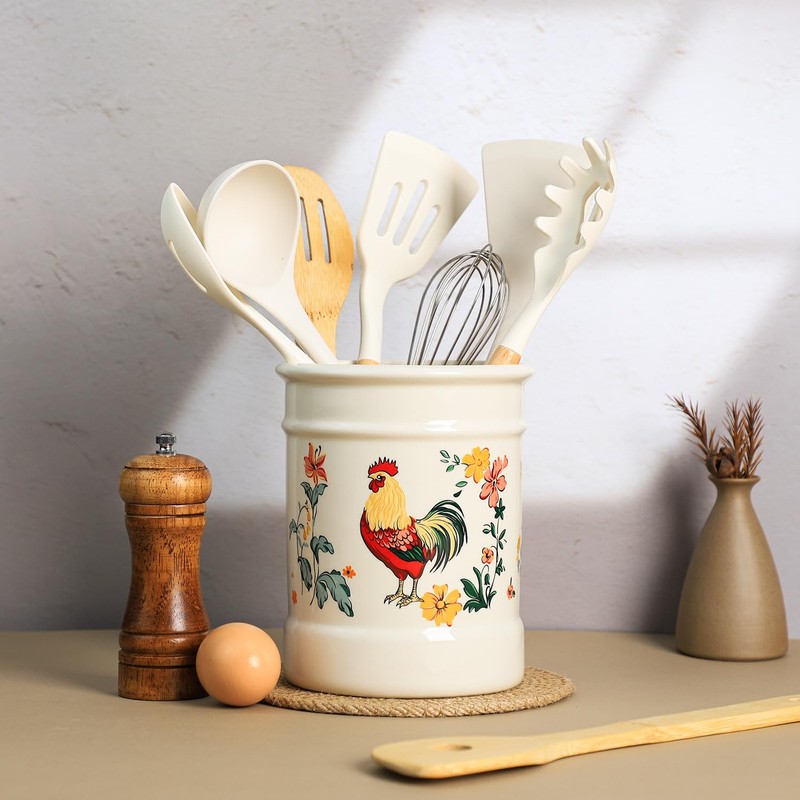 Bicuzat Ceramic Rural Rooster Pattern Kitchen Utensil Holder, Large Cooking