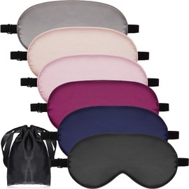6 Pieces Natural Silk Sleep Mask Soft Eye Mask Adjustable Strap Blindfold Eyeshade Smooth Sleeping Mask Comfortable Sleep Eye Cover with Bag for Sleep (Black, Taro Purple, Navy, Purple, Pink, Gray)