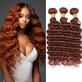QEUOPE Reddish Brown Deep Curly Wet and Wavy Bundles Color 33 Human Hair Copper Red Deep Wave Bundles Double Weft Brazilian Auburn Hair Extensions Silky and Soft (12 12 12 inch 3 Bundles)