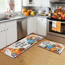 flippana Fall Kitchen Rugs Fall Decor, 2 Pcs Non-Slip Backing Pumpkin Kitchen Mats, Fall Decorations for Home, Autumn Thanksgiving Kitchen Rug Sets with Runner 17"x47.2"+17"x30"