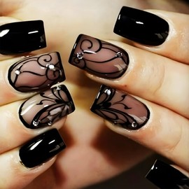 Black Press on Nails with Dark Vine Design, Glossy Ins Medium Square False Nails Rhinestones Acrylic Fake Fingernails Curve Line Stick on Nail Crystal Gel Glue on Nail for Women Girls 24Pcs