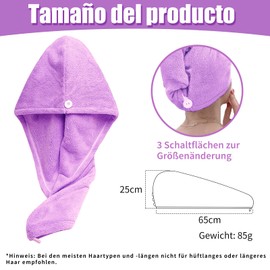 Xkzhrr Hair Turban Towel, Pack of 2 Button Hair Turban, Turban Hair Drying Towel with Button, Head Scarf Towel for Long Hair, Super Absorbent, Quick Drying Microfibre Towel (Purple)