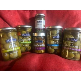 Delallo Winter & Fall Selection Of Olives Jalapeno Garlic,Blue Cheese, Garlic