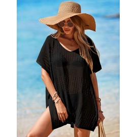 BreathSunny - Minivestido de punto de ganchillo para mujer, de gran tamaño, con manga casquillo, cuello en V, abertura lateral, para verano, 2025, Negro -, S