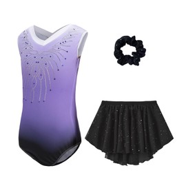 Cucudy Gymnastics Leotards Set For Girls - Skirt and Headband Gradient Color Sparkling Ballet Dancing Unitards Gymnastics Outfit Long Sleeve & Sleeveless for 5-12 Years