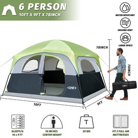 UNP Tents for Camping 6 Person Tent for Family Waterproof Windproof Easy Setup Cabin Tent, Upgraded Ventilation 5 Large Mesh Windows 10'x9'x78inch(H)