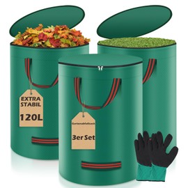 Miaglury 3 x 120 L Garden Waste Sacks with Glove, Leaf Bag, Garden Bag with Lid and 4 Handles, Stable Self-Standing Garden Waste Bags, Garden Waste Bags, Green Cut Bags, Leaf Bags for Garden Waste