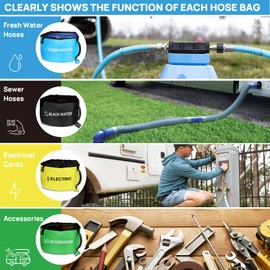 RV Hose Storage Bag of 4 Pack, Camper Accessories for Outside, Rubber Identification Tags for Fresh/Black Water Sewer Hoses Electrical Cords & Accessories, 4 Colors of RV Equipment Storage Utility Bag