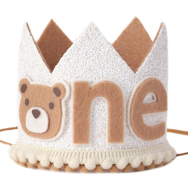 Little Bear 1st Birthday Hat - Wild One First Birthday Hat , One Happy Camper Birthday Crown , Neutral Bear First Birthday Decorations , Baby 1st Birthday Party Supplies (Little Bear ONE Birthday Hat)