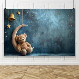 Laeacco 5x3ft Bear Baby Shower Backdrop Cartoon Crescent Moon Stars Blue Night Sky Photography Background for Newborn Baby Shower Kids 1st Birthday Party Decoration Portrait Photo Booth Props