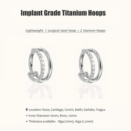 NONTAI 3PCS Titanium Earring Nose Ring, Cartilage Piercing Helix Earring Tragus Piercing for Women Rook Hoop Ear Stacks, 16ga(1.2mm)- 8mm, Titanium, Cubic Zirconia