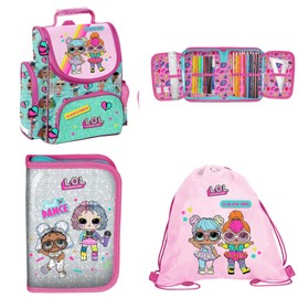 SCOOLSTAR LOL School Bag Girls 1 Class Satchel School Backpack Set 3 Pieces L.O.L. for Primary School Ergonomic and Anatomical / Includes Pencil Case (Filled) and Sports Bag, Pink colourful glitter,