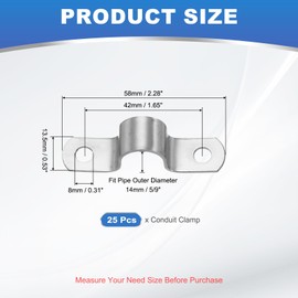 PATIKIL 14mm Rigid Pipe Strap, 25 Pcs 304 Stainless Steel Conduit Clamp 2 Hole Thicken U Bracket Pipe Clamp Tube Strap for Pipe Cable Wire Fixing, (5/9")