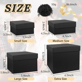 4PCS Square Gift Boxes with Lid for Presents, Black Cardboard Gift Boxes with Raffia and Ribbon,Lid Square Boxes for Birthday,Party,Wedding,Christmas,Anniversary Festival