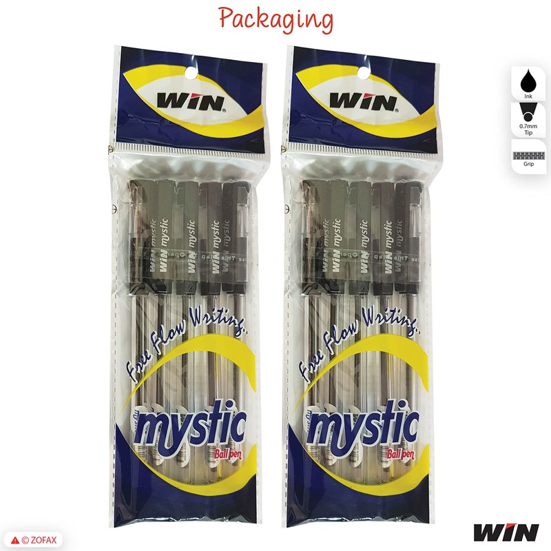 WIN 10 x 0.7mm Biro Tip Ball Pens Mystic BLACK